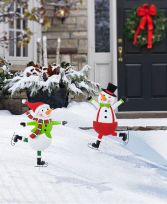Metal Christmas Skiing Snowmen Yard Stakes, Set of 2