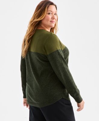 Plus Size Cotton Color-Block Crewneck Sweater, Macy's Exclusive