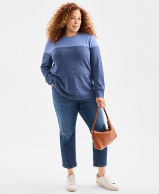 Plus Size Cotton Color-Block Crewneck Sweater, Macy's Exclusive