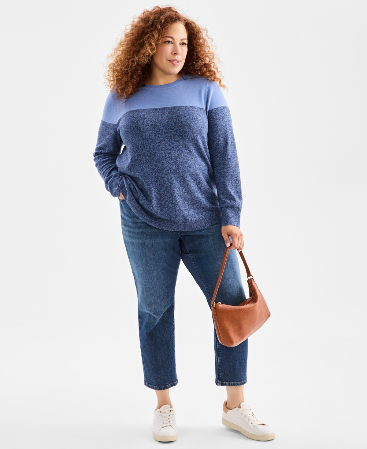 Style & Co Plus Size Cotton Color-block Crewneck Sweater, Macy's Exclusive In Blue