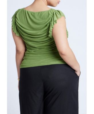 Women's Plus Size Shirred Mesh Top With Shoulder Flounces