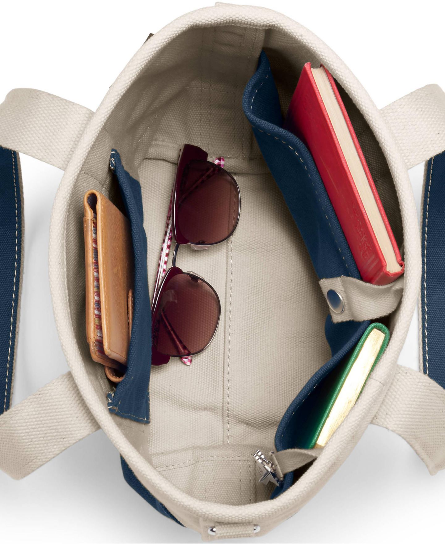 Женская сумка Lands' End Small 3 Pocket Open Top Long Handle Canvas, цвет: Натуральный / Тёмно-синий — фото 2