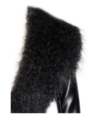 Women's Zella Black Fur Trim Faux Croc Leather Coat