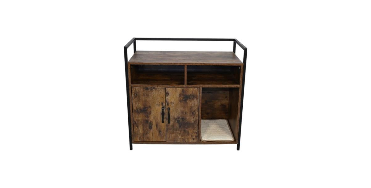 Rustic Brown Wooden Cat Litter Box Enclosure with Scratching Mat Furniture -31.9&#x22;x17.7&#x22;x31.4&#x22;, 61 lbs