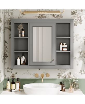 35" x 27.5" Bathroom Mirror Cabinet with 6 Open Shelves, Wall Mounted Medicine Cabinet (No Vanity)