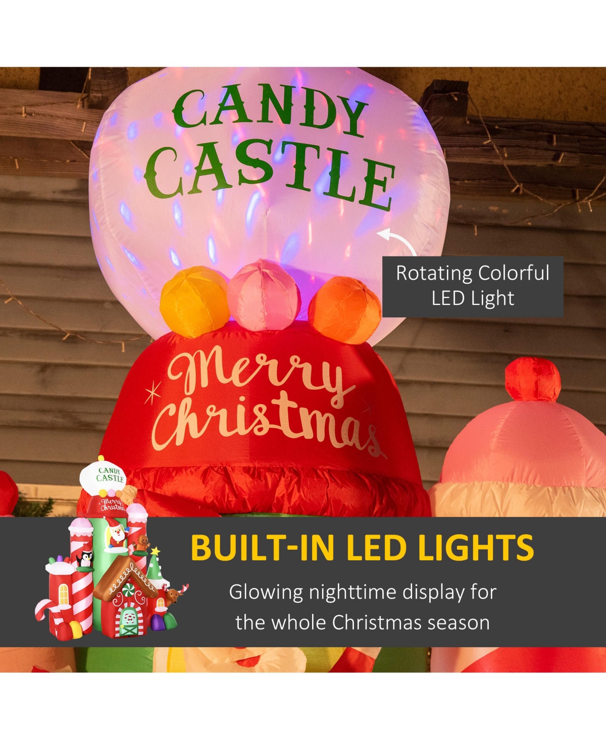 Outsunny 10ft Christmas Inflatables Outdoor Decorations Candy Castle, Blow-Up Led Yard Christmas Decor, Built-in Rotating Colorful Light for Party