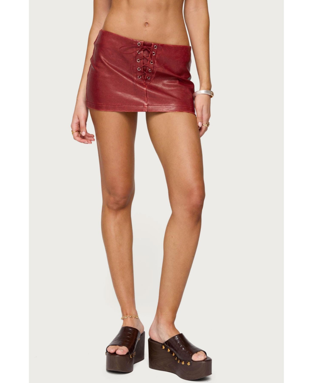 Women's Lace Up Faux Leather Mini Skort - Bordu