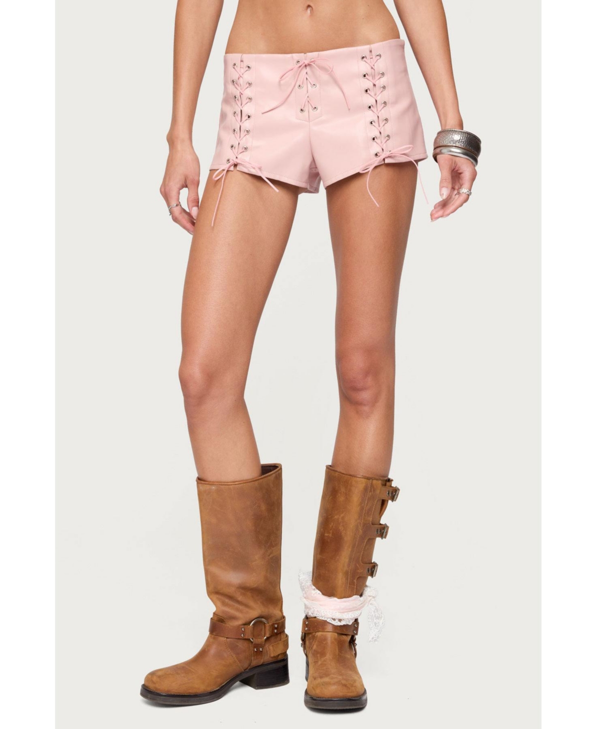 Womens Elisha Lace Up Faux Leather Shorts - Pink