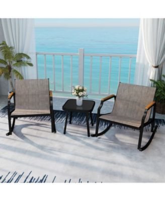Outdoor 3-Piece Rocking Chair Bistro Set with Armrests and Glass-Top Coffee Table – Ideal for Porch or Garden