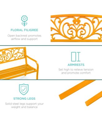 Outdoor Steel Bench Garden Patio Porch Furniture w/ Floral Design Backrest