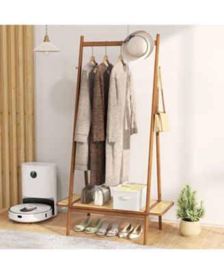Modern Clothes Rack for Entryway with Sturdy Hanging Rod, Decorative Rattan Shelf, and Elegant Copper Hooks