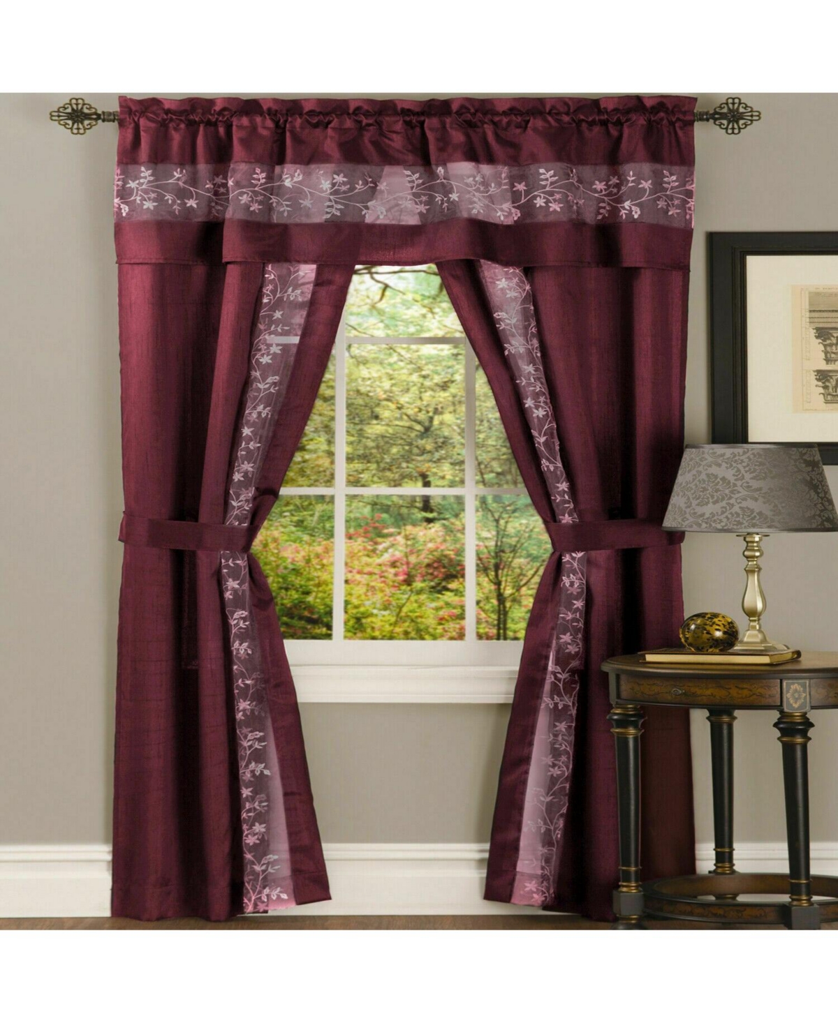 Complete 5 Pc Window in a Bag Embroidered Floral Country Flax Sheer Curtain & Valance Set - 54 in. W x in. L - Gray