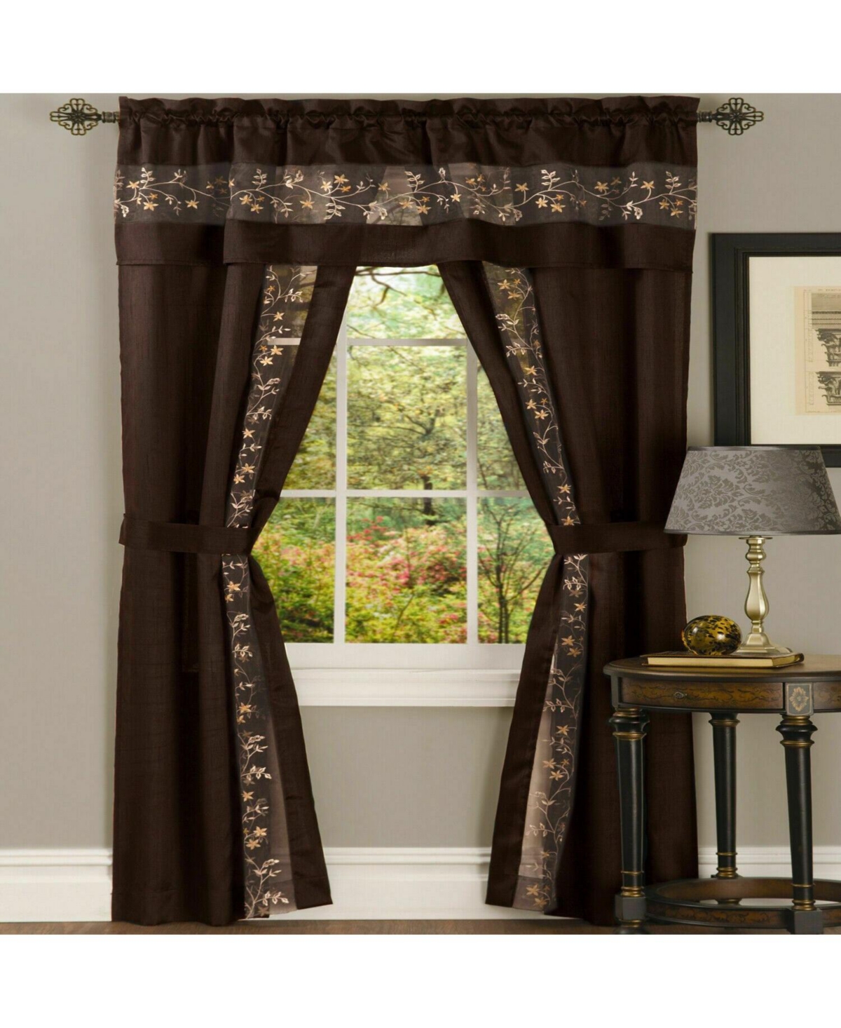 Complete 5 Pc Window in a Bag Embroidered Floral Country Flax Sheer Curtain & Valance Set - 54 in. W x in. L - Gray