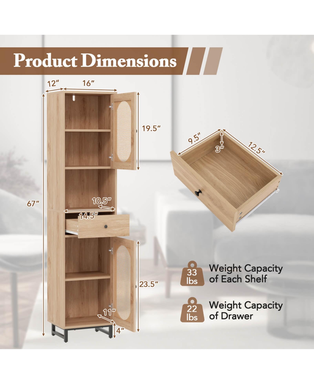67" Tall Bathroom Cabinet with 2 Doors Open Compartment & Drawer Adjustable Shelves