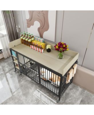 Large Pet Cage w/ Storage & Stainless Steel Bowls (Black/Beige)