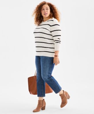 Plus Size Cotton Cable-Knit Crewneck Stripe Sweater, Macy's Exclusive