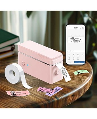 P31-S Portable Bluetooth Label Maker with tape. Features multiple templates for home, office & storage organization. Pink