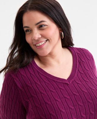Plus Size Cotton Cable-Knit V-Neck Sweater