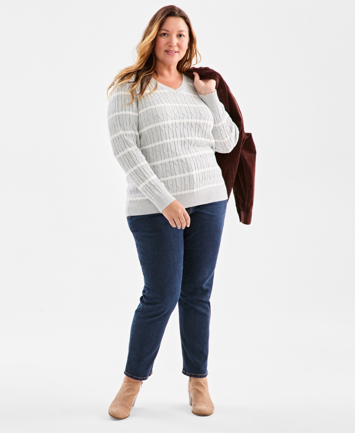 Style & Co Plus Cotton Cable-Knit V-Neck Stripe Sweater, Created for Macy's