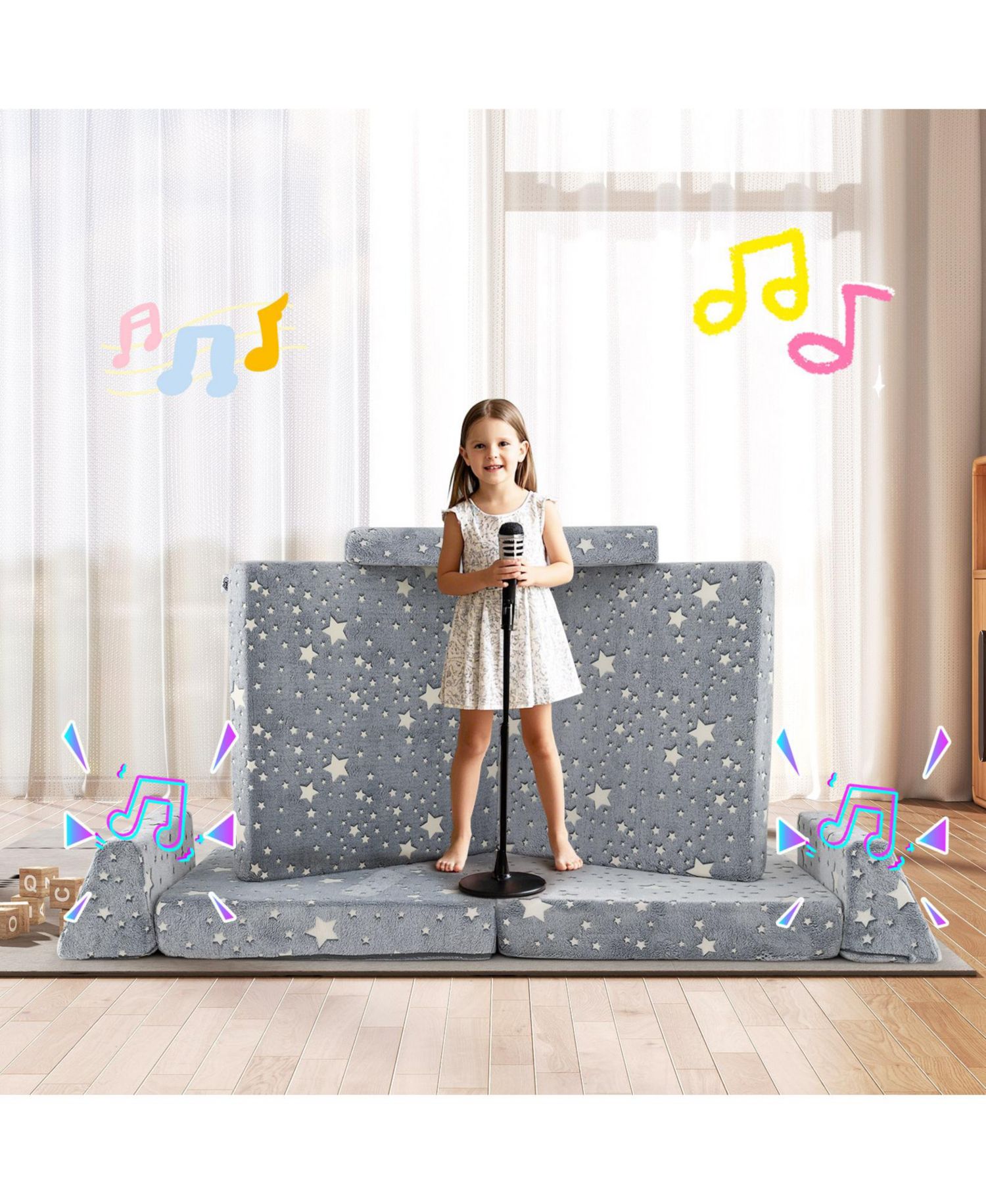 8 Pc. Faux Fur Glow-in-the-Dark Upholstered Modular Safe Seating Tie-Dye Couch Sofa