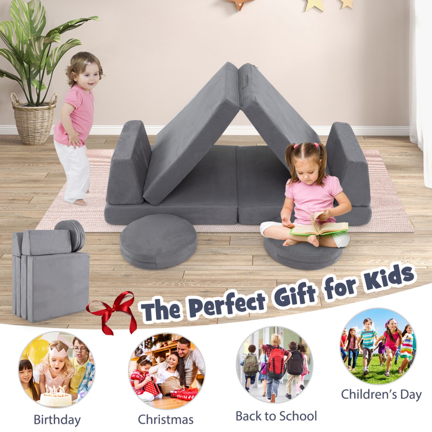 6 Piece Kids Play Sofa Set with Modular Cushions and Washable Covers
