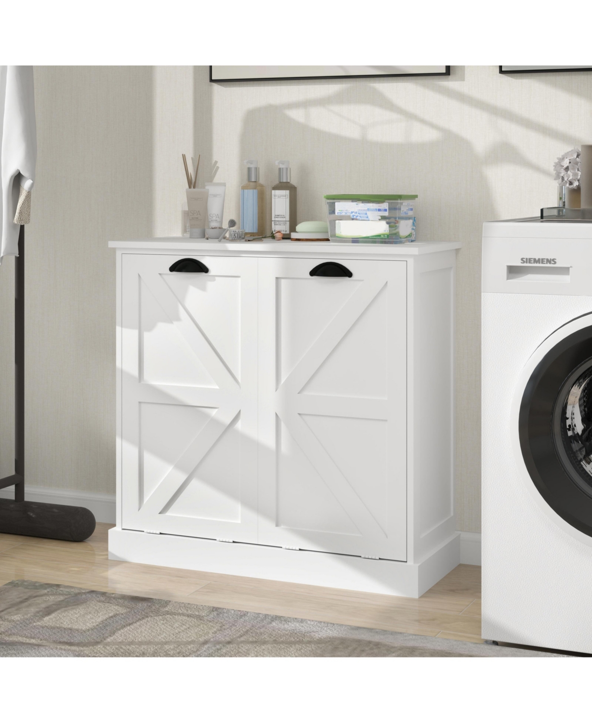 Tilt-Out Laundry Hamper Cabinet with Two Sorting Compartments and Top Shelf Organizer - White