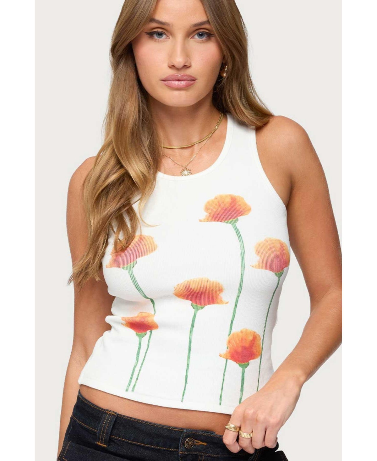 Women's Wild Flowers Ribbed Tank Top - White