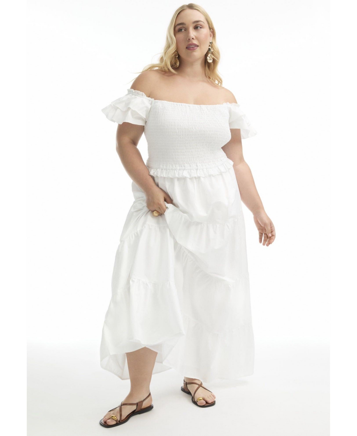 Women's Plus Size Smocked Tiered Maxi Dress - Bright white