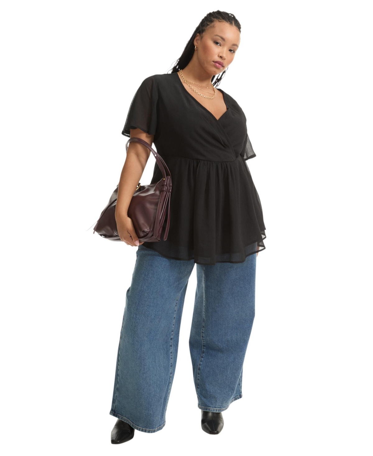 Women's June + Vie Faux Wrap Fit-And-Flare Top - Black onyx