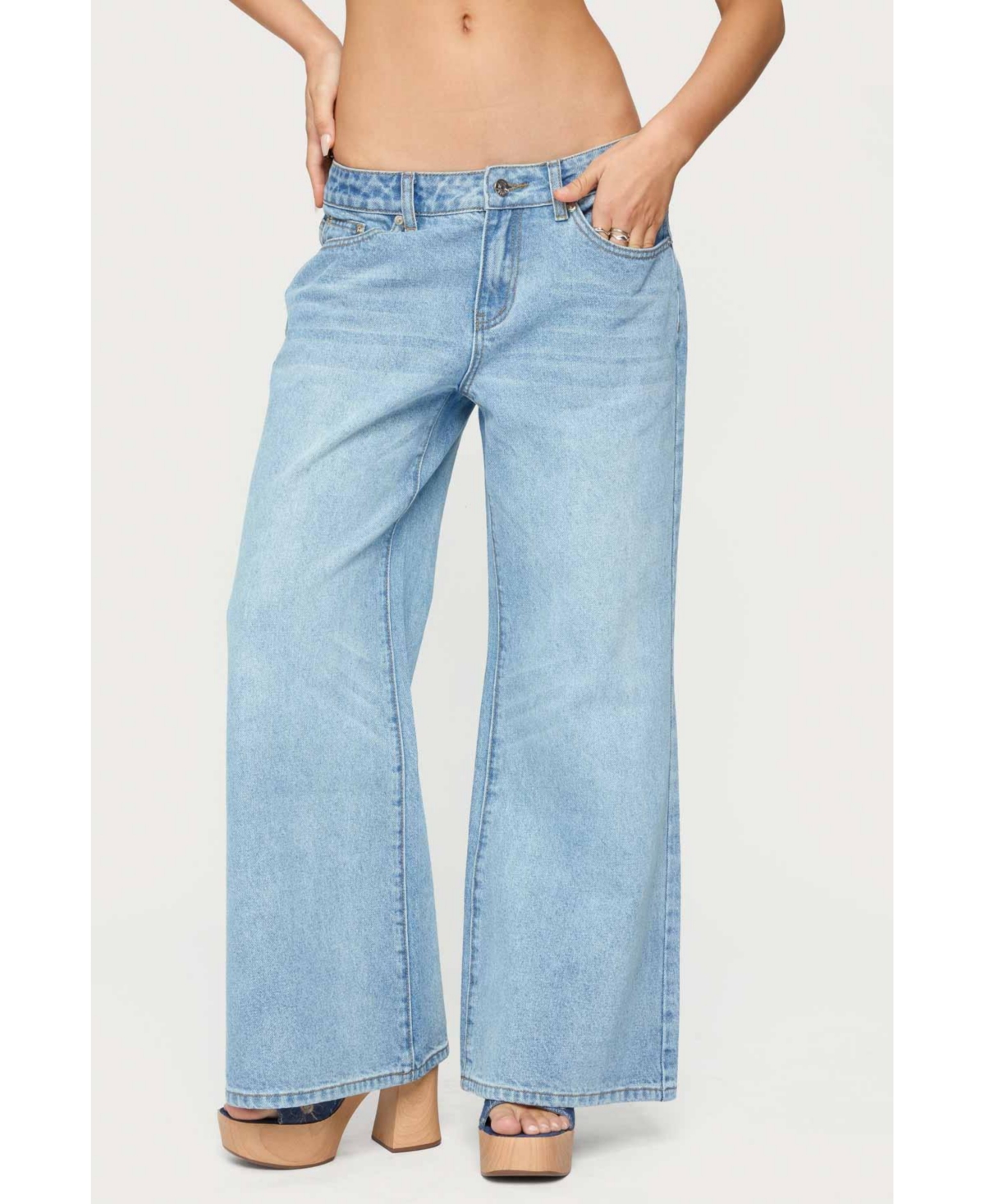 Womens Petite Low Rise Wide Leg Jeans - Light-blue