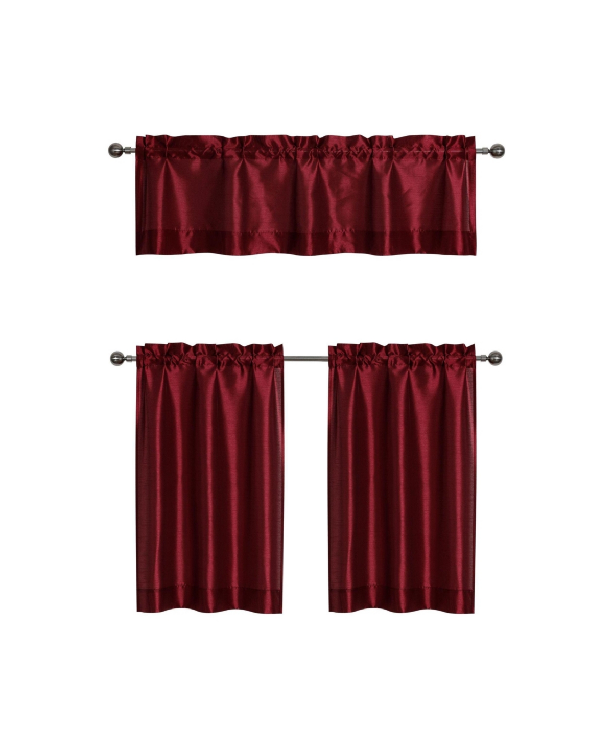 Parisian Living Complete 3 Piece Lightweight Sheer Cafe Kitchen Curtain Tier & Valance Set - Burgundy