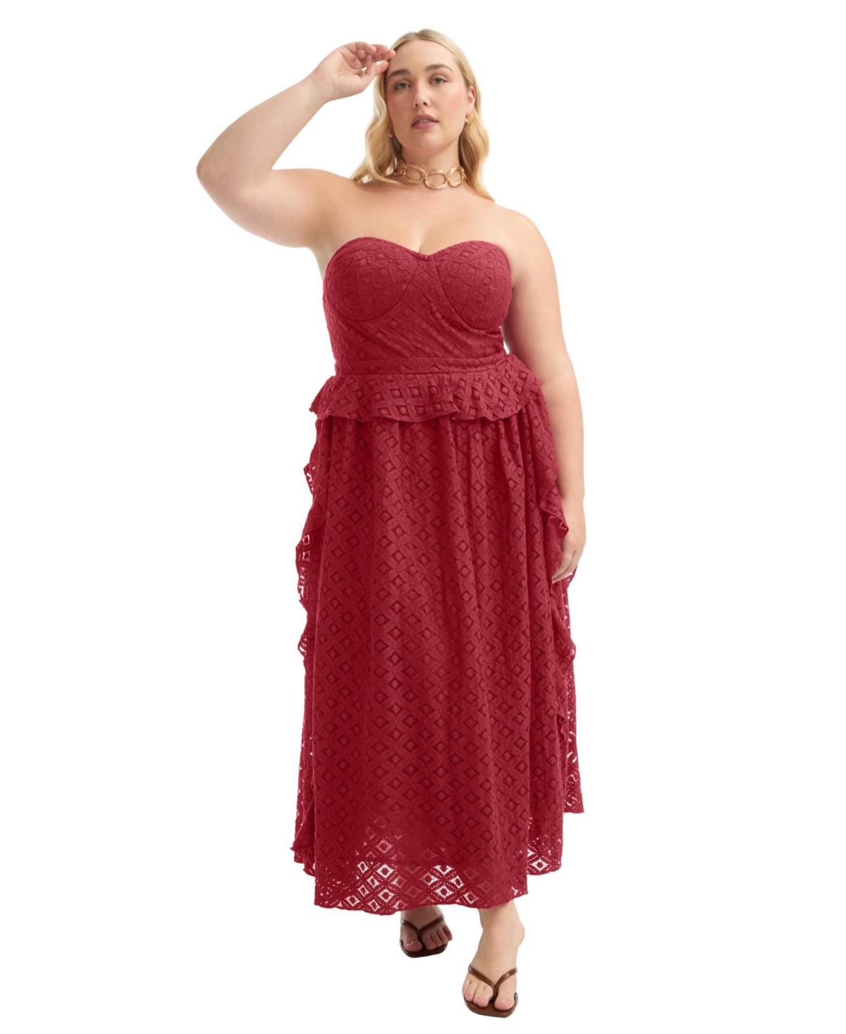 Plus Size June + Vie Ruffled Peplum Corseted Midi Dress - Bold red