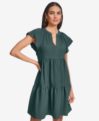 Women's Split-Neck Tiered A-Line Dress