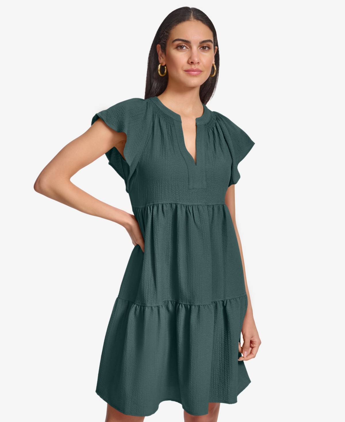 Calvin Klein Women's Split-neck Tiered A-line Dress In Green