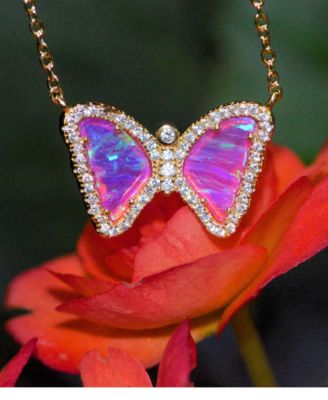 Mini Butterfly Necklace with Lab-Grown Opal in Plated Sterling