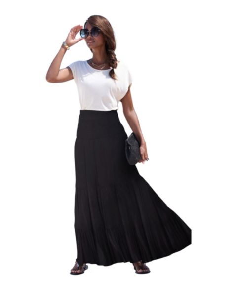 Женское платье Lascana Viscose Printed Convertible Tiered Smocked Bandeau Midi, цвет: Чёрный