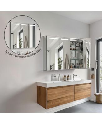 LED Aluminum Medicine Cabinet – 3-Door, Anti-Fog Mirror, Waterproof, 2 Glass Shelves, Surface/Recessed Mount, Silver