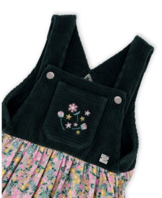 Girl Bi-Material Overall Dress Green with Flower Print - Toddler|Child