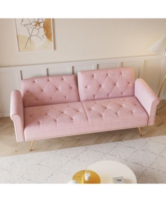 Pink Velvet Sofa Bed with Nailhead Trim & Pillow