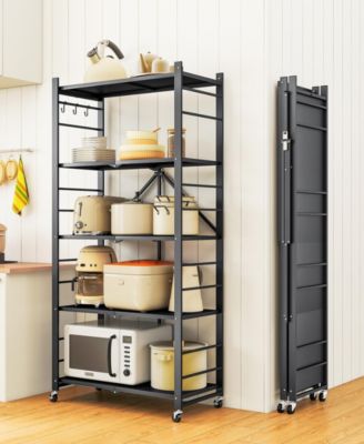 5-Tier Foldable Storage Shelves, Metal Storage Rack with Wheels and Hooks
