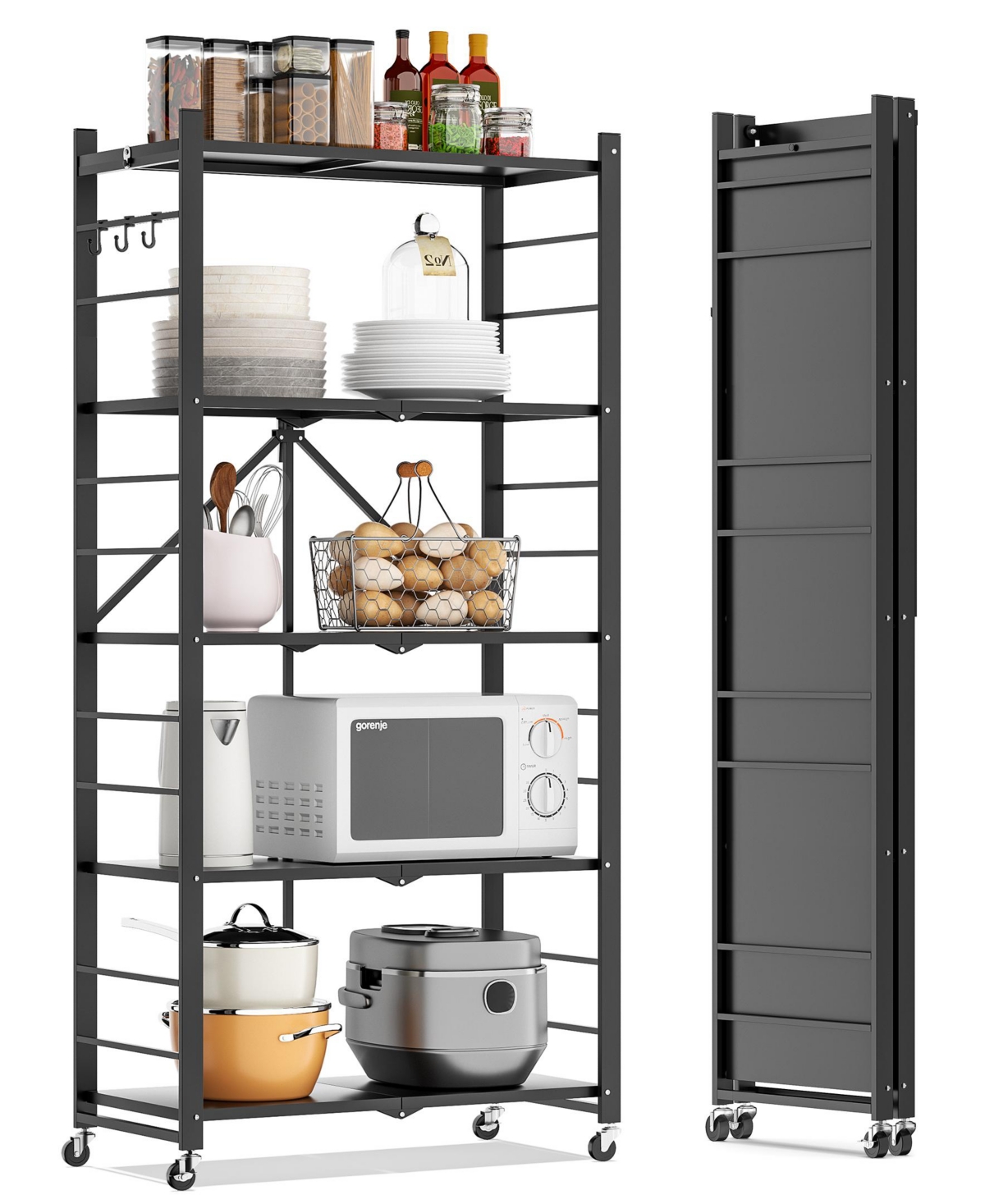 5-Tier Foldable Storage Shelves, Metal Storage Rack with Wheels and Hooks - Black