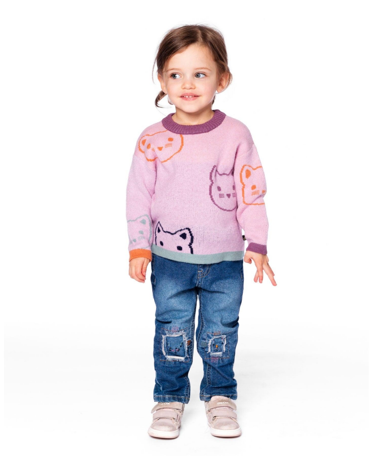 Deux par Baby Girl Knit Jacquard Sweater Dusty Pink with Cats