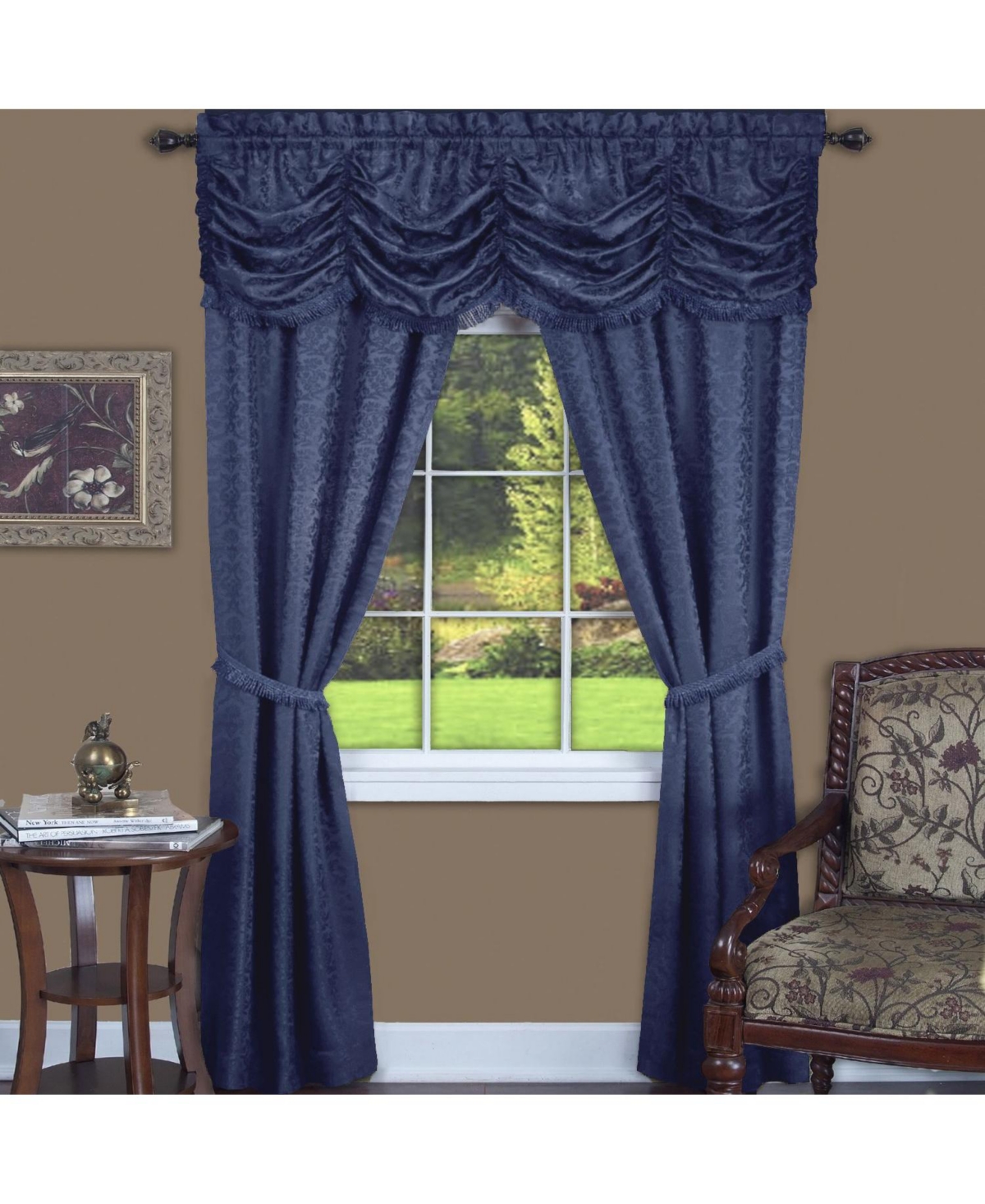 Jacquard Damask Curtains With An Attached Austrian Valance & Tiebacks - 84 in. Long - Burgundy - Navy blue