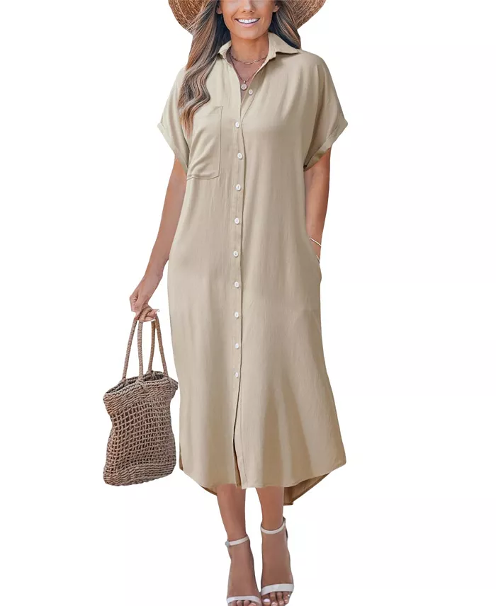 Women's Denim Short Sleeve Button Down Cover Up Dress
