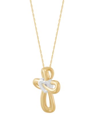 Two-Tone Polished Heart & Cross Curvy 18" Pendant Necklace in 14k Gold