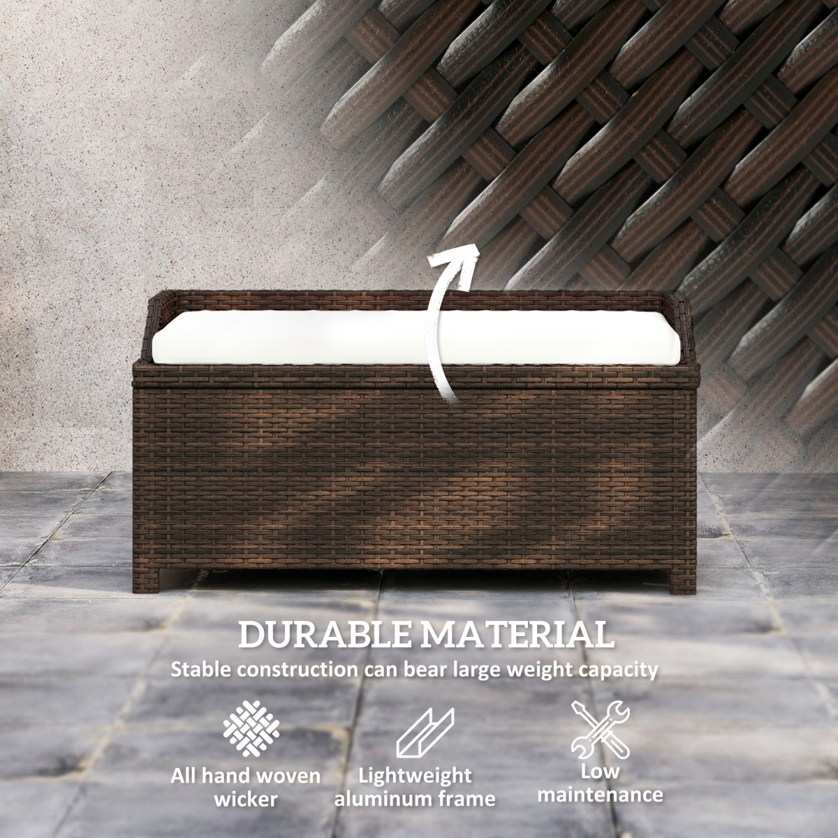 Outsunny Wicker Storage Bench Deck Box with Comfortable Cushion