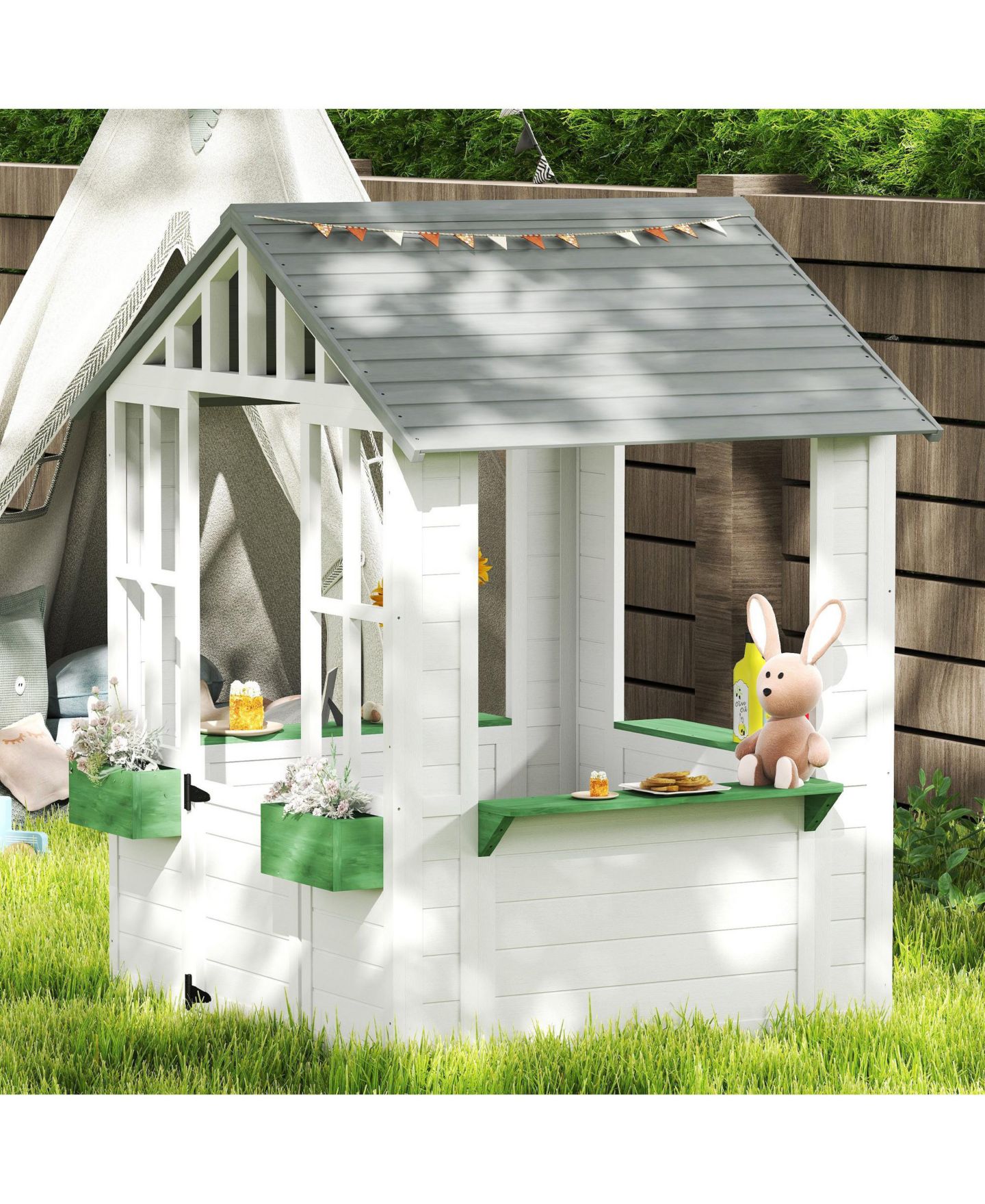Детская игрушка Outsunny Outdoor Wood Playhouse with Tilt Roof, Ages 3+, цвет: Белый — фото 7