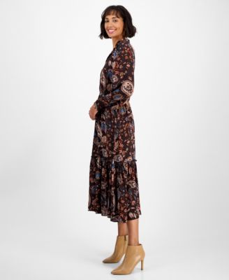 Women's Printed Split-Neck Long-Sleeve Midi Dress
