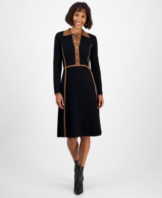 T Tahari - Women's Collared Long-Sleeve Snap-Front Dress