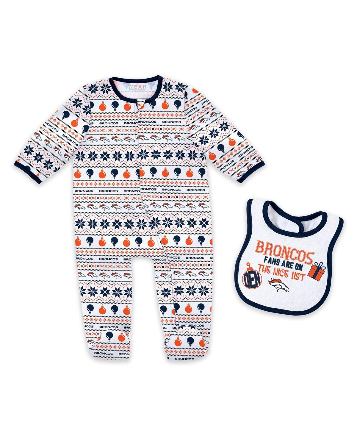 Wear By Erin Andrews Baby Boys And Girls Denver Broncos Allover Print Full-zip Sleeper With Bib Set In White